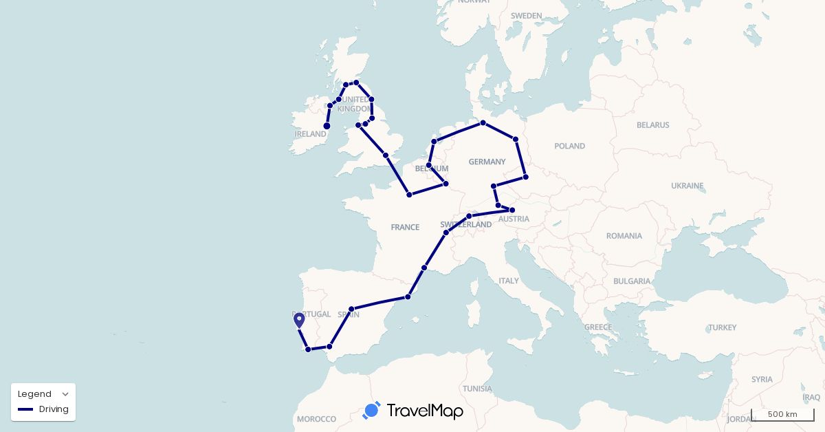 TravelMap itinerary: driving in Austria, Belgium, Switzerland, Czech Republic, Germany, Spain, France, United Kingdom, Ireland, Luxembourg, Netherlands, Portugal (Europe)